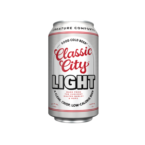 A can of Georgia-made beer with a red, cursive scrawled logo on a white background