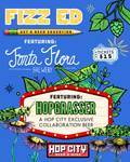 A colorful graphic poster-style design for a beer collaboration titled 'FIZZ ED' featuring 'Forta Flora Brewery' and 'Hopgrasser' beer. The design includes illustrated hop leaves, grasshoppers, flowers, and ticket graphics on a bright blue background.