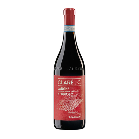 Red wine bottle with a red label on a white background