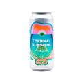 A can of Foam Brewers Eternal Sunshine pale ale with a vibrant teal, orange, and pink psychedelic label featuring a glowing sun over water.