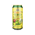 Can of organic cider with green and yellow label on a white background