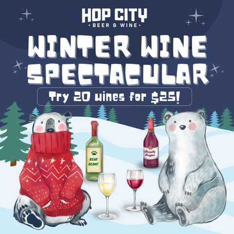 Cute polar bears sip fabulous wines against a dreamy snowscape
