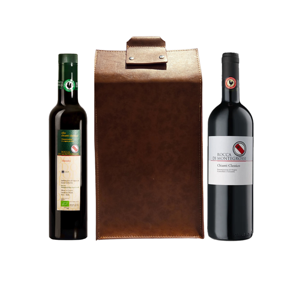 Two bottles of olive oil and red wine with a brown leather pouch on a white background